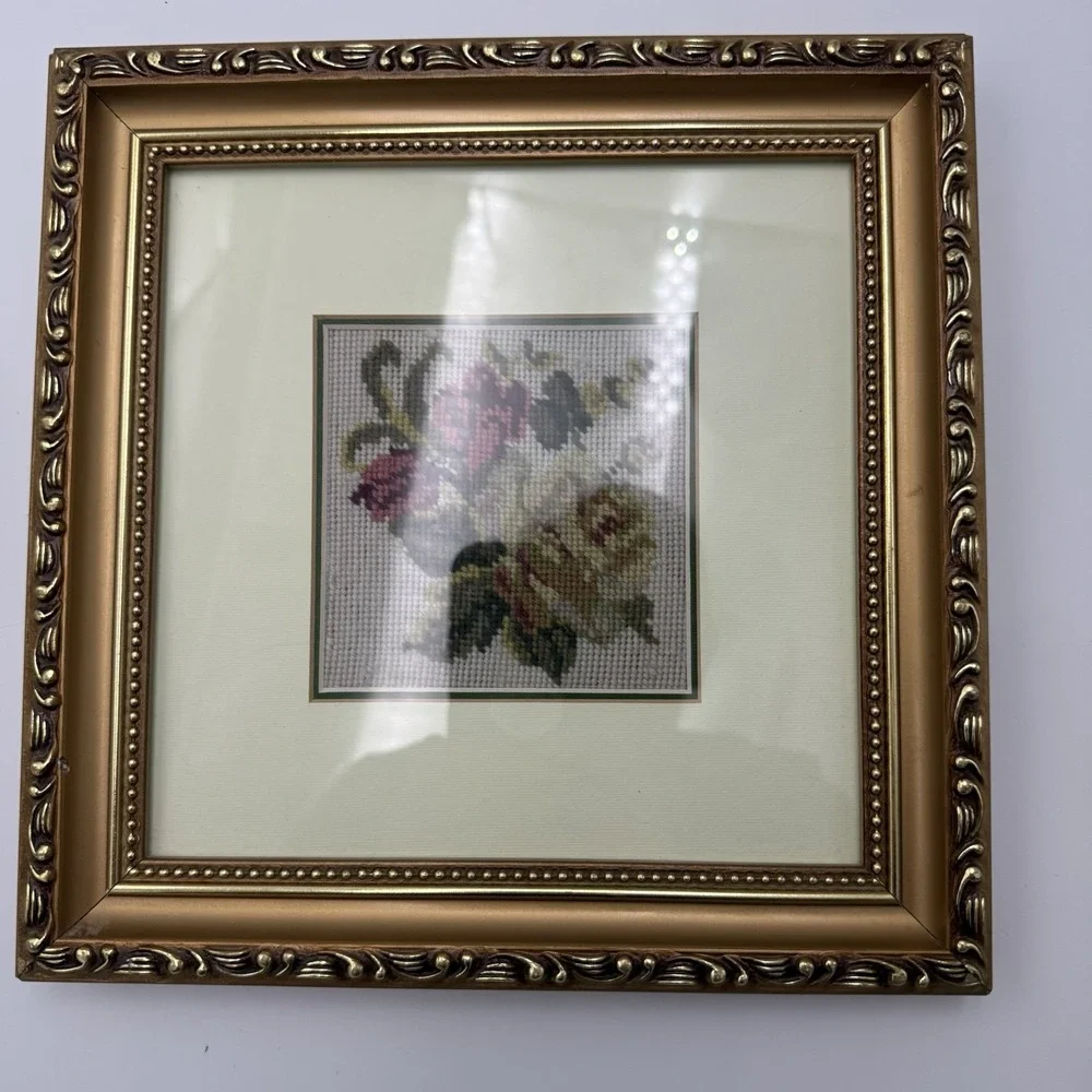 Lot 2 Floral Needlepoint Gold Matte Frame Cross Stitch Pair Hanging Cottagecore